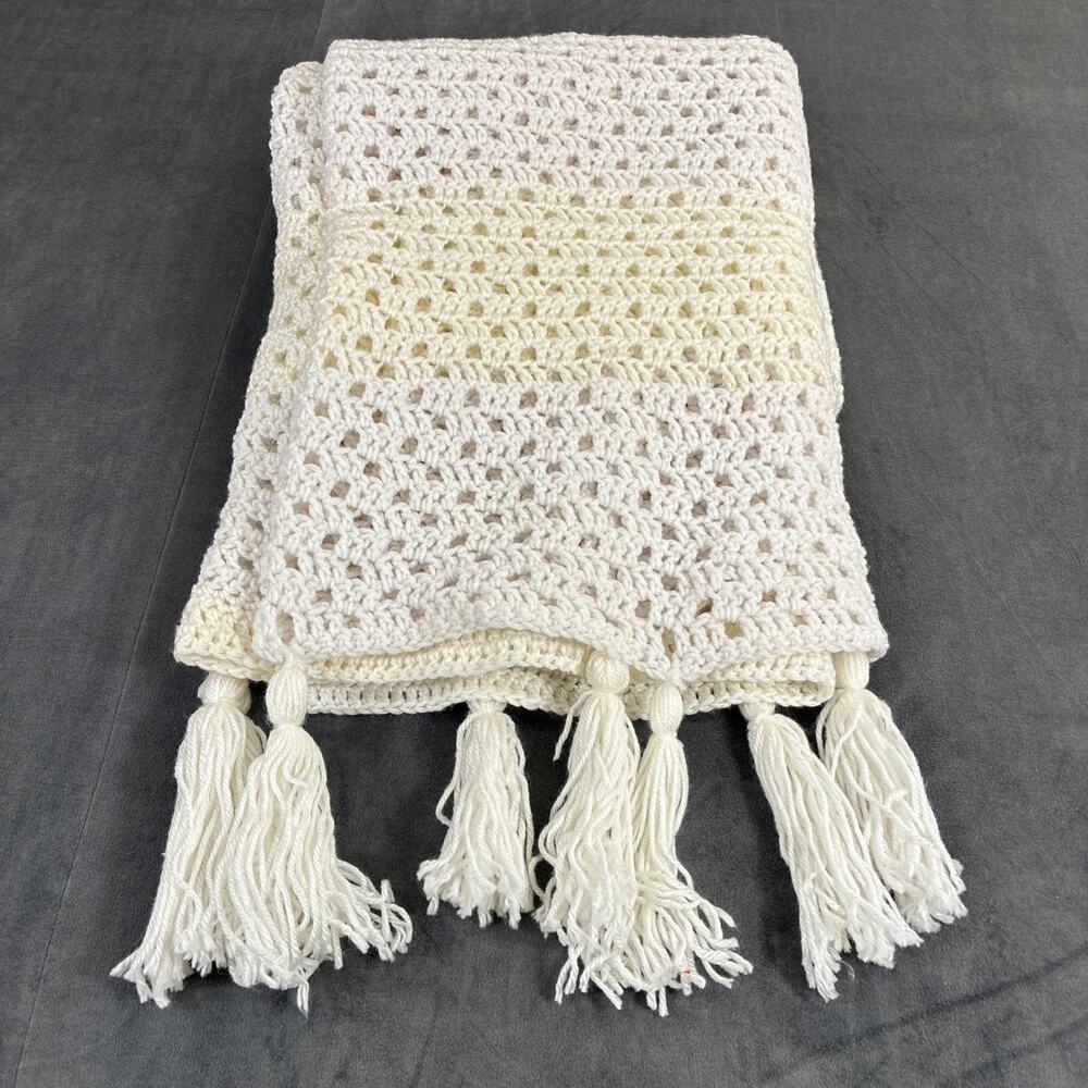 White Ivory Striped Fringed Hand Crochet Couch Throw Lap Blanket Afghan 78x55"